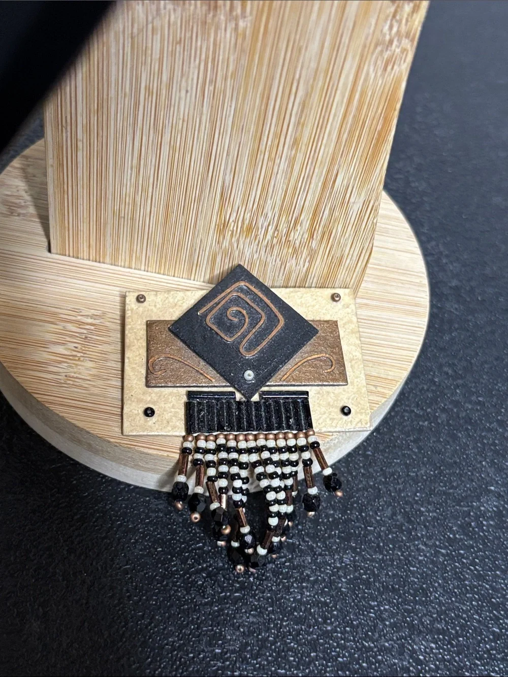 Handcrafted Geometric Metal Beaded Fringe Pendant in Black Bronze Brooch